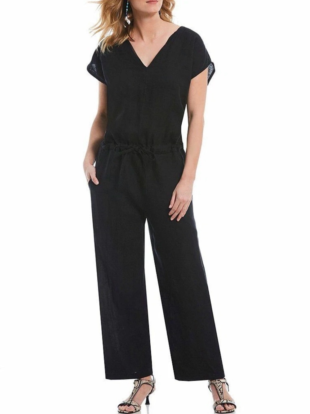 Bryn Walker Navy 100% Linen Wide Leg Jumpsuit V-Neck Short Sleeve Size Small